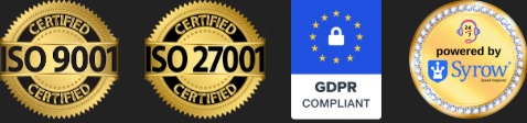 ISO 9001, ISO 27001, GDPR, Powered by Syrow